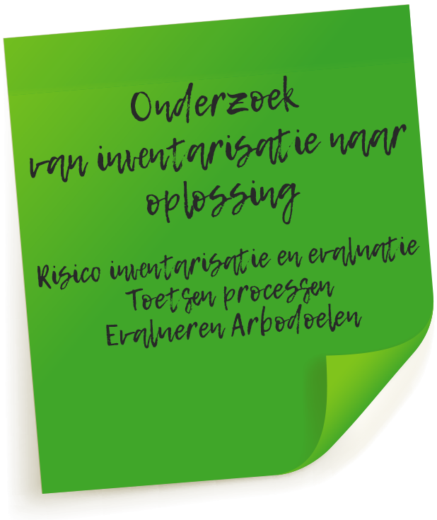 Onderzoek -van inventarisatie naar oplossing- Risico inventarisatie & evaluatie Toetsen processen Evalueren Arbodoelen